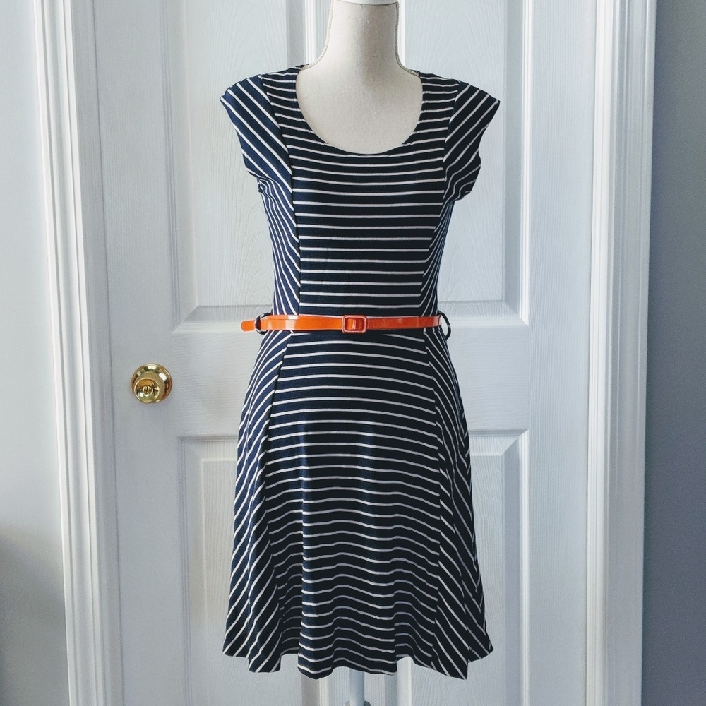 Modcloth Navy & White Striped Dress w/ Orange Belt